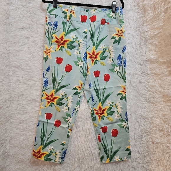 New York & Company Floral Print Capris - Red and Green on Light Blue Size 6 - Picture 9 of 11